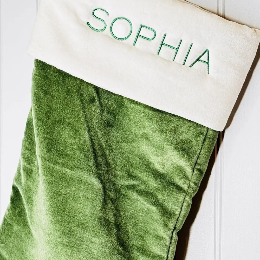 West Elm SOPHIA Oversized Christmas Stocking Green White Velvet Mono NWOT
